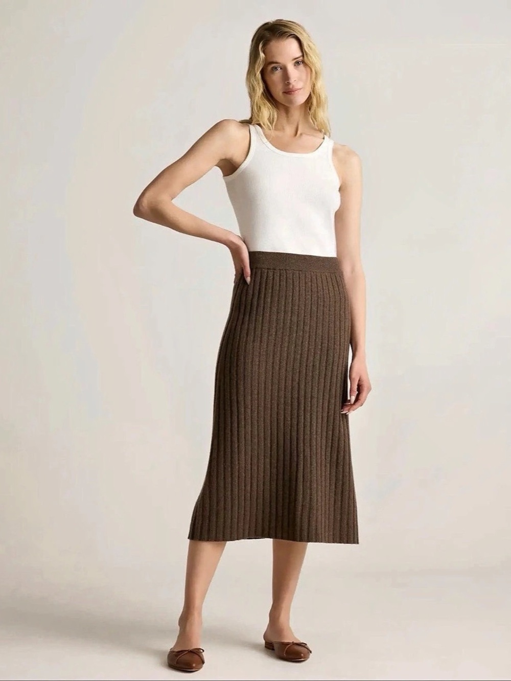 NWOT | Quince Mongolian Cashmere Midi Skirt Ribbed Midi Skirt Brown